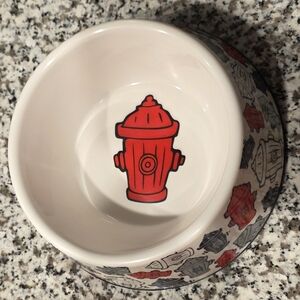 Top Paw Dog Bowl with Red and Gray Fire Hydrant Design